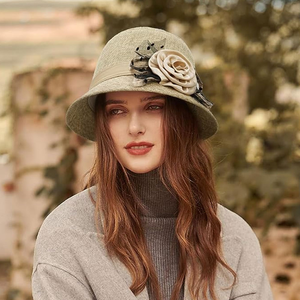 Wool <b>Bucket</b> <b>Hat</b> With Floral Applique Embroidery For <b>Women</b> Spring Autumn Casual European Style - Product Image 1
