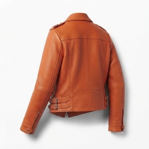 Veste de moto en cuir véritable pour femme, orange, manches longues, fermeture éclair, col ouvert, manteau de motard, vêtements d'extérieur d'automne - Product Image 4