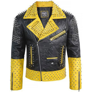 Men's Black Yellow Two Tone Real Leather <b>Punk</b> <b>Jacket</b> Silver Spiked Studded Gothic Biker Heavy Metal Outerwear - Product Image 2
