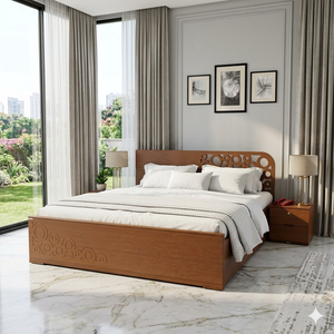 Solid Teak Wooden Platform <b>Bed</b> <b>Frame</b> with Decorative Headboard Storage Midcentury Modern Design - Product Image 1