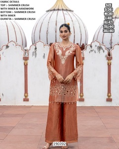 Ensemble élégant Kurta et pantalon palazzo brodé, couleur pêche chatoyante, à séchage rapide, longueur ras du sol, pour femme, idéal pour les mariages et les fêtes, tailles S-3XL - Product Image 1