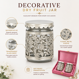 Elegant Indian Decor Glass Dry Fruit Jar Set with Floral Silver Finish Holder Premium Christmas <b>Gift</b> Container <b>Festive</b> Hampers - Product Image 6