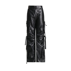 <b>Men's</b> High Waist PU Leather Cargo Pants With Multiple Pockets Workwear Style Elastic Waist <b>Black</b> Color - Product Image 1