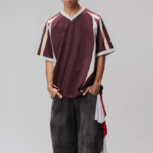 Camiseta de Fútbol para Hombre con Cuello en V, Manga Corta, Bloques de Color, Poliéster, Absorbe la Humedad, Corte Holgado, para Todas las Temporadas - Product Image 1