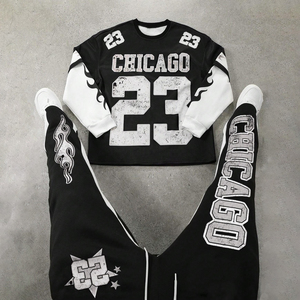 Ensemble de survêtement sportif noir personnalisé 2026 pour homme, imprimé Chicago, sweat-shirt et pantalon de jogging, tenue décontractée streetwear athlétique deux pièces - Product Image 3