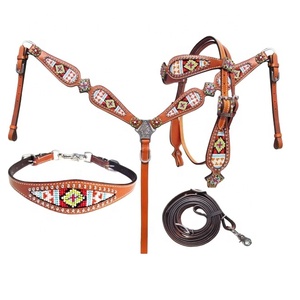 Mejor Quality100 % cuero genuino occidental con cuentas Headstall & Breast Collar conjunto completo con 4 piezas fabricante al por mayor proveedor - Product Image 1