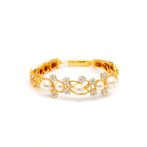 24K Gold Plated <b>Copper</b> Flower <b>Bangles</b> with Pearl and Diamond Accents - Product Image 3