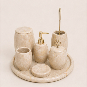 Ensemble d'accessoires de salle de bain en marbre, fait main, en pierre naturelle, organiseur de vanité avec distributeur de savon, porte-brosse à dents et plateau rond - Product Image 6