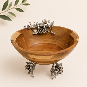 Bol de service en bois d'acacia artisanal de luxe avec accents et pieds en métal argenté antique, grand bol décoratif pour fruits et salades - Product Image 4