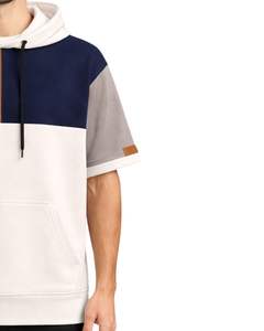 Camiseta con Capucha Personalizada para Hombre, Manga Corta, Bloques de Color Blanco, Azul Marino y Marrón, Sudadera Informal con Bolsillo, Algodón Suave - Product Image 4