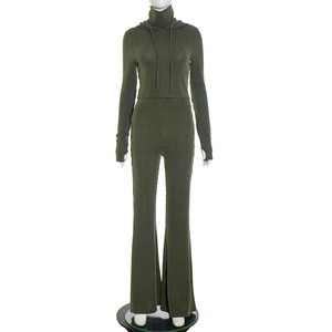 Ensemble deux pièces pour femmes, haut à col haut uni à capuche et pantalon évasé, tissu tricoté écologique - Product Image 2