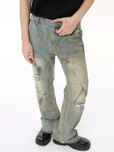 Jeans personnalisés vintage déchirés et imprimés, coupe ample, bleu, pour hommes - Product Image 1