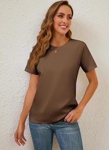 T-shirt décontracté en jersey de coton à col rond et manches courtes pour femme, coupe classique, couleur unie, respirant, toutes saisons - Product Image 4