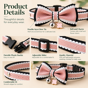 Collier pour animaux de compagnie réglable à double couche avec nœud papillon, clochette et breloque fleurie en polyester pour chats et petits chiens - Product Image 4