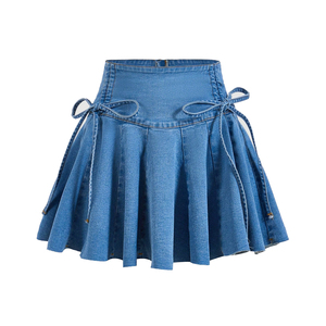 2026 Bestselling Pleated Denim Skirts for Women Raw Hem A-<b>Line</b> Mini <b>Jean</b> Skirt Wholesale Custom Logo Skirt - Product Image 1