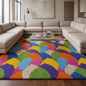 Alfombra de Hojas Coloridas Hecha a Mano, Alfombra de Lana Multicolor, Diseño Botánico Moderno, Venta al Por Mayor Personalizada - Product Image 1