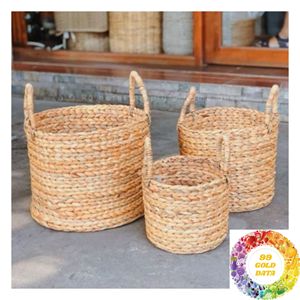 Panier de rangement rond en jacinthe d'eau tressé à la main, organisateur en fibres naturelles pour étagères, armoires et articles ménagers - Product Image 3