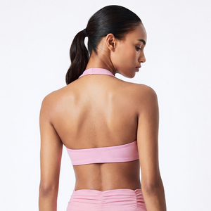 Pink Halter Neck Quarter-Zip Yoga Set High Waist Shorts Crop <b>Top</b> Spandex <b>Zipper</b> Closure Quick Dry Seamless 2-Piece - Product Image 3