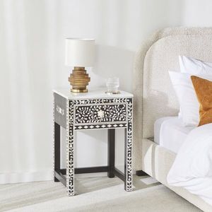 Mesita de Noche de Lujo con Cajón Lateral y Mosaico de Hueso Incrustado, Mueble Artesanal de Diseño para Dormitorio, Interior de Lujo - Product Image 1