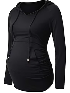 <b>Womens</b> Black Ruched Long Pullover Hoodie Drawcord Hood Fitted Long Sleeves Rounded Hem Cotton Bamboo Fiber <b>Fleece</b> Plain <b>Top</b> - Product Image 4