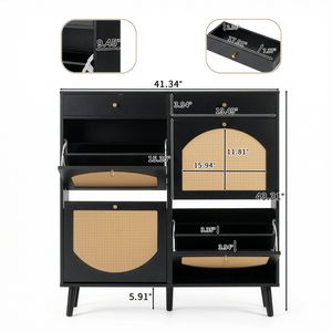 Mobiletto Portascarpe Moderno in Rattan Nero con 2 Cassetti e 4 Sportelli a Ribalta 105*24*110cm - Product Image 3