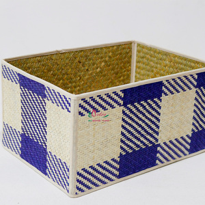 Panier de rangement en rotin fait main, écologique, rectangulaire, bleu et blanc, motif tressé, 50x40x30cm, style bohème, multifonctionnel pour - Product Image 5