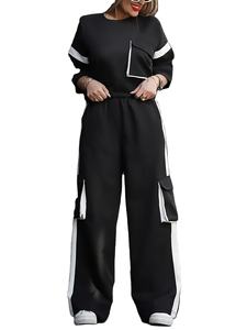 Ensemble 2 pièces pour femmes, style streetwear vintage américain, t-shirt à manches courtes uni + pantalon large à taille haute, été, 100% coton - Product Image 3