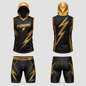 F2WIN ชุดเสื้อเจอร์ซีย์แขนกุดมีฮู้ดสำหรับผู้ชาย สีดำ สีทอง พิมพ์ลายเรขาคณิต ดูดซับความชื้น ทรงสปอร์ต ใส่ได้ทุกฤดูกาล - Product Image 1