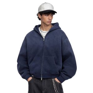 <b>Men</b> <b>Navy</b> Blue Zip Up <b>Hoodie</b> with Adjustable Drawstring Hood Long Sleeve Casual Sweatshirt for Custom Streetwear Clothing - Product Image 3