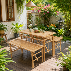 Bamboo <b>Table</b> <b>and</b> <b>Bench</b> <b>Set</b> Outdoor Patio Dining Furniture Natural Bamboo Wholesale Bulk Order Supplier Kingcraftviet - Product Image 1