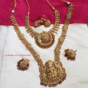 South Indian Temple Style Semi Bridal Fine Jewelry Set with Gold Plated Zircon and Ruby - Product Image 1