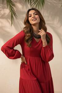 Robe évasée en soie rouge fantaisie, col en V, manches bouffantes, longueur normale, entièrement cousue, couleur unie, élégante, pour soirée occidentale - Product Image 4