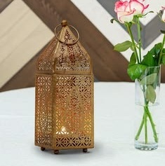 Kraft World LI-430 Handmade Eco-Friendly Portable Golden Perforated Metal <b>Lantern</b> <b>Lamp</b> Moroccan Lattice Cutwork Tea Light Holder - Product Image 4