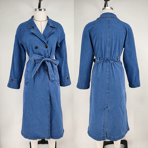 Gabardina Larga de Mezclilla Azul para Mujer, Chaqueta Cruzada con Cuello de Solapa y Cinturón - Product Image 1