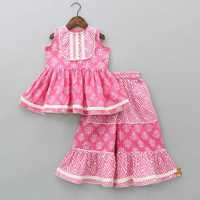 Ensemble Sharara ethnique rose brodé en pur coton pour bébés filles, imprimé floral et motif léopard, col plissé, coupe ample, longueur genou