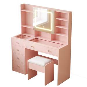 Ensemble de coiffeuse à cinq tiroirs dessus en verre trempé LED trois couleurs gradable lumière Power Strip étagères maquillage vanités - Product Image 5