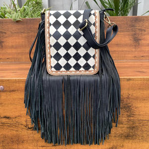 Nouveau Style Vintage usiné à la main à carreaux Design mode à la mode frange sac à main et portefeuille avec bracelet 2 pièces Combo ensemble pour les femmes - Product Image 5