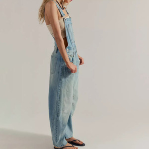 Ladies Casual Stonewashed Vintage denim Dungarees Wide Leg Bib Pants Cotton Overall Manufacturer - Product Image 3
