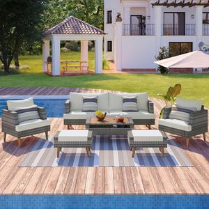 6-Piece All-Weather PE Wicker Outdoor <b>Rattan</b> <b>Sofa</b> Set with Double Cushions and Wood Legs Wood Table for Gardens - Product Image 1