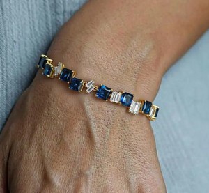 Pulsera con Dije de Zafiro Azul Cultivado en Laboratorio, Corte Princesa, para Mujer, Plata de Ley 925, Chapada en Oro, Joyería Fina Elegante, Regalo - Product Image 2