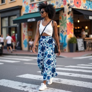 Falda de mujer de longitud completa de algodón puro con estampado floral azul negro para la moda de playa de verano durante todo el día - Product Image 3