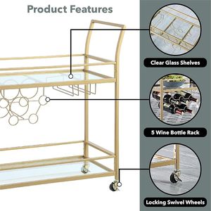 Gold Finish Metal Bar Cart Rolling <b>Drinks</b> Trolley Glass Shelf Beverage Serving Cart Wine Bottle <b>Rack</b> Wine Glass Holder Home Bar - Product Image 3