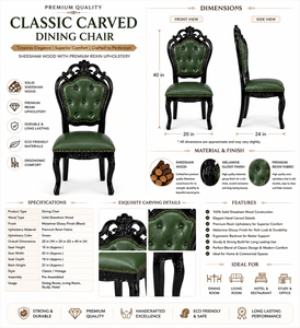 Chaise de salle à manger classique traditionnelle sculptée à la main en bois de Sheesham massif noir brillant, avec revêtement en Rexin vert capitonné pour chambre à coucher - Product Image 6