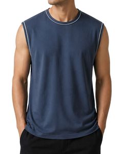 Mens <b>Navy</b> Blue Sleeveless Tank <b>Top</b> Premium Cotton Jersey Gym Fitness Casual Summer Vest Lightweight Breathable Custom Fit - Product Image 1