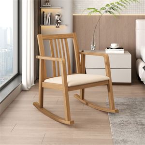 Sedia a Dondolo in Legno di Gomma Massiccio con Capacità di Carico di 400 LBS, Cuscino in Lino, Ecologica, per Interni, Naturale - Product Image 6