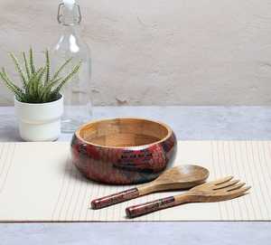Bol à salade moderne de luxe en bois émaillé imprimé avec ensemble de cuillères – Vaisselle élégante faite à la main pour la salle à manger, la cuisine et la décoration intérieure - Product Image 4