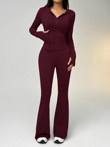 women <b>tracksuit</b> fitted cotton polyester zipper jacket jogger pants breathable stretch gym wear sportswear set - Product Image 5