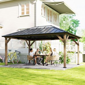 Gazebo con Tetto Rigido in Noce Chiaro 12x16, Padiglione Permanente in Legno con Protezione UPF50+, Tetto Trasparente, Tettoia e Pergola in Acciaio Zincato - Product Image 2