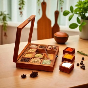 Excellent Quality Rustic Wooden Masala Organizer <b>Box</b> with Glass Lid for Home Kitchen Spice Storage and Decoration for Sale - Product Image 5