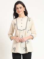 Haut en coton blanc brodé à col rond pour femme, de qualité supérieure, coupe confortable, idéal pour l'été et le bureau, en vente